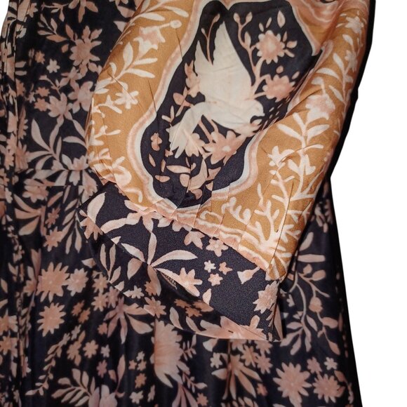 Womens Medium Boho Floral Maxi Dress Black Peach Soft Flowy Puff Sleeves V-Neck - Picture 5 of 5